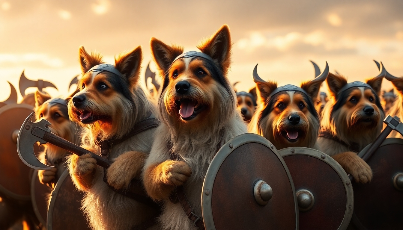A group of havanese dogs as vikings, bearing their battle axes and shields. Photorealistic picture.