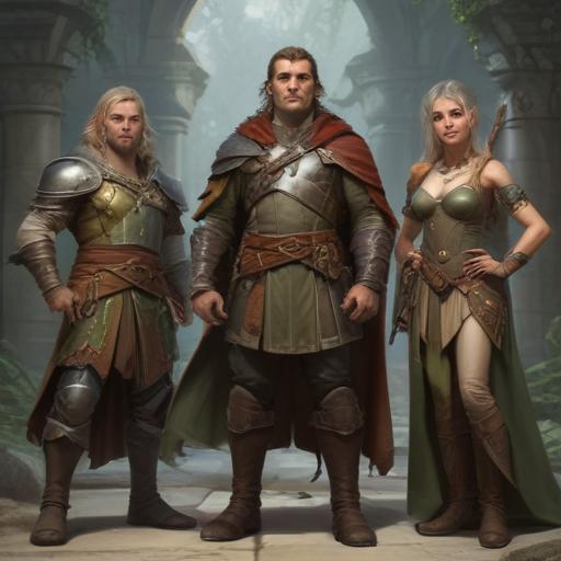 A five member dungeons and dragons adventuring party consisting of: A thin male elven rogue, a female half-elf cleric/warlock, a plump female half-elf sorceror/warlock, a short but wide male dwarven ranger, and a very tall male half-giant barbarian/paladin.