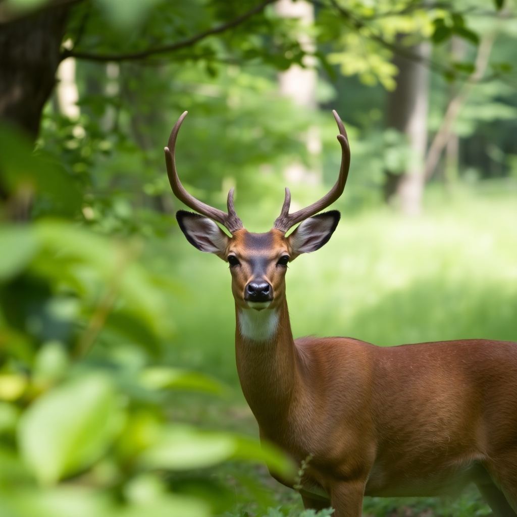 Deer standing in green forest with leaves in foreground and soft lighting
