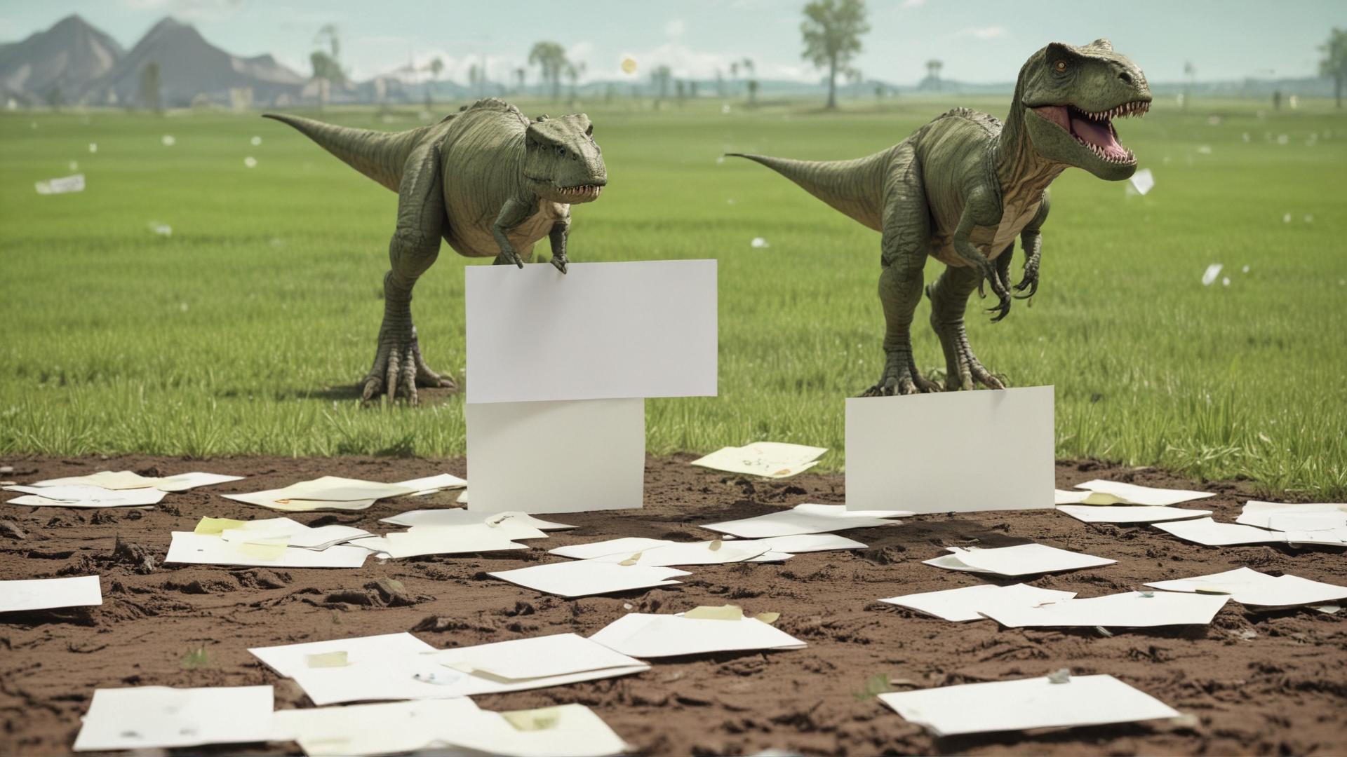 A T-Rex wearing a tie on the left of view. The T-Rex is looking across a large field of green. Randomly across the green fields are index cards on sticks sticking out of the ground, and one white board with several sticky notes on it.