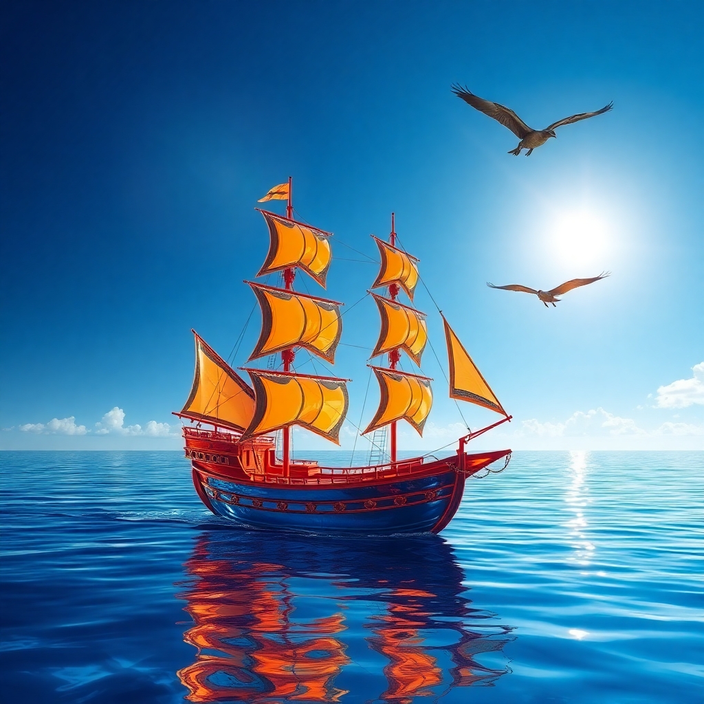 A graceful three decked galleon ship made of coloured glass on a sapphire blue sea. A pterodactyl flies high in the distance under a bright sun that makes everything sparkle
