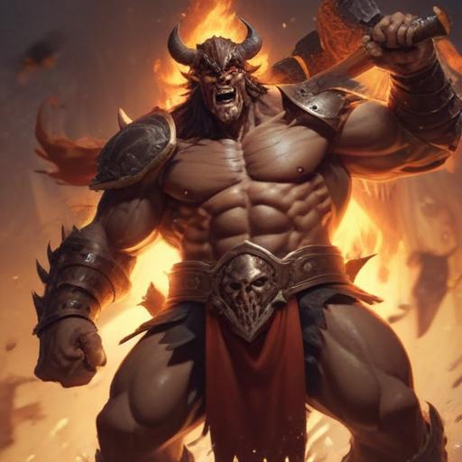 A multiclassed goliath barbarian/ paladin with a flaming axe.