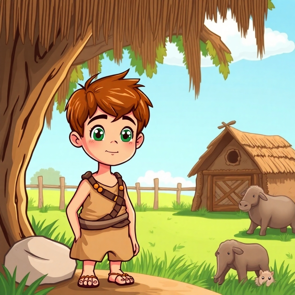 a cartoon drawn little boy with brown hair and green eyes at age 11 on a farm. This is for a children's book so make him cute, innocent and likeable for the reader to look at. I would like the same character doing the following: wearing caveman time period clothes. https://www.imagiyo.com/images/mxkaz6Y5aJ0P/view