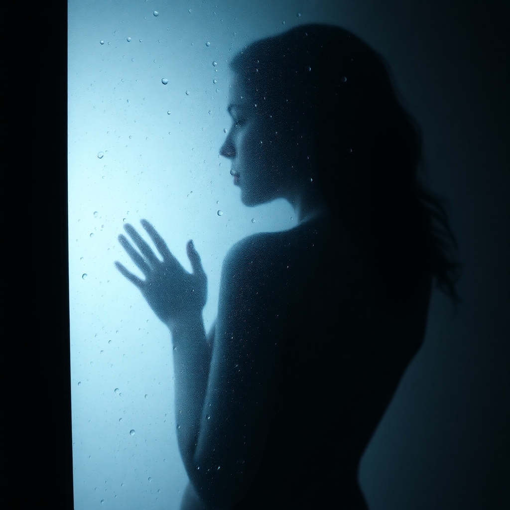 nude woman behind foggy glass in shower, water droplets, sensual mood, silhouette, steamy bathroom, NSFW suggestion, ultra realistic, high detail
