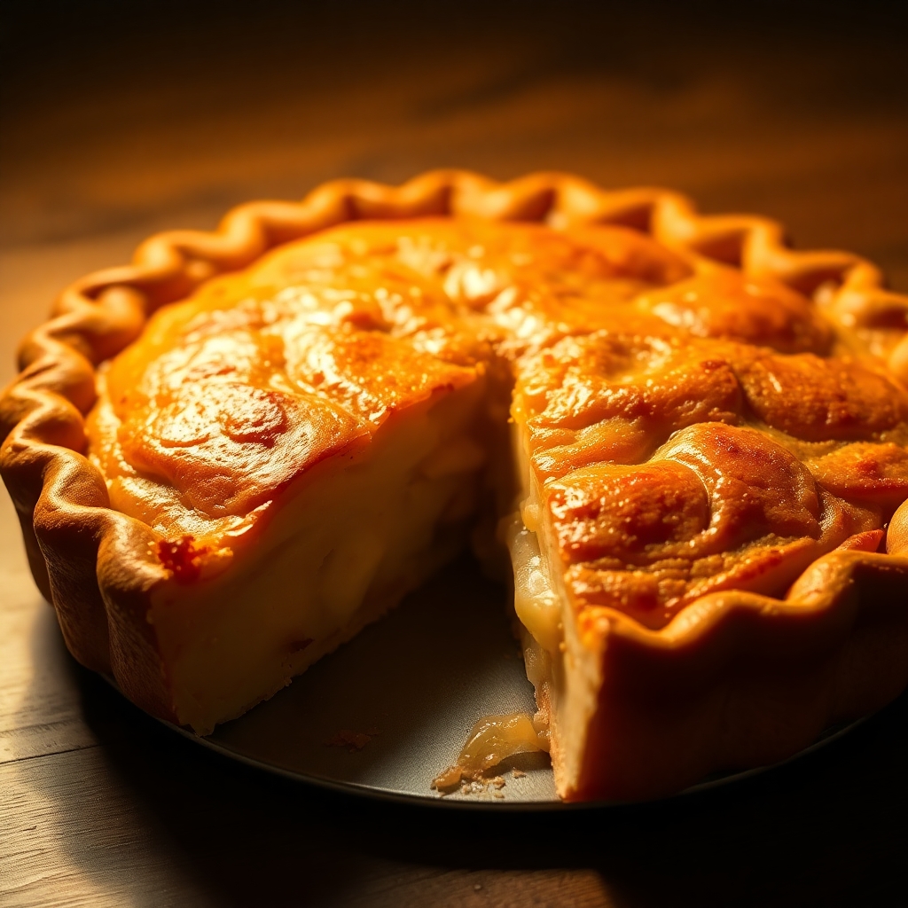 A realistic image of a warm apple pie with a slice cut out, soft golden backlighting