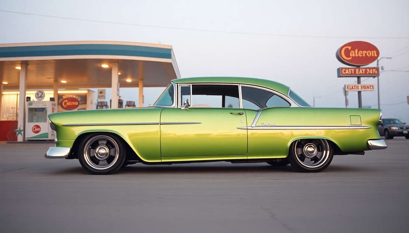 create an image of a 1955 chevy, metalic lime green, hot rod wheels and tires, at a gas station in southern california in 1972