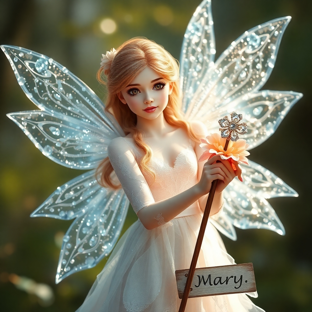 A mystical fairy in shimmering crystal wings, holding flower patterned wand, Brown eyes, epic nature and ice bending shot, Video Art art, super high detail, and a sign saying "Mary"