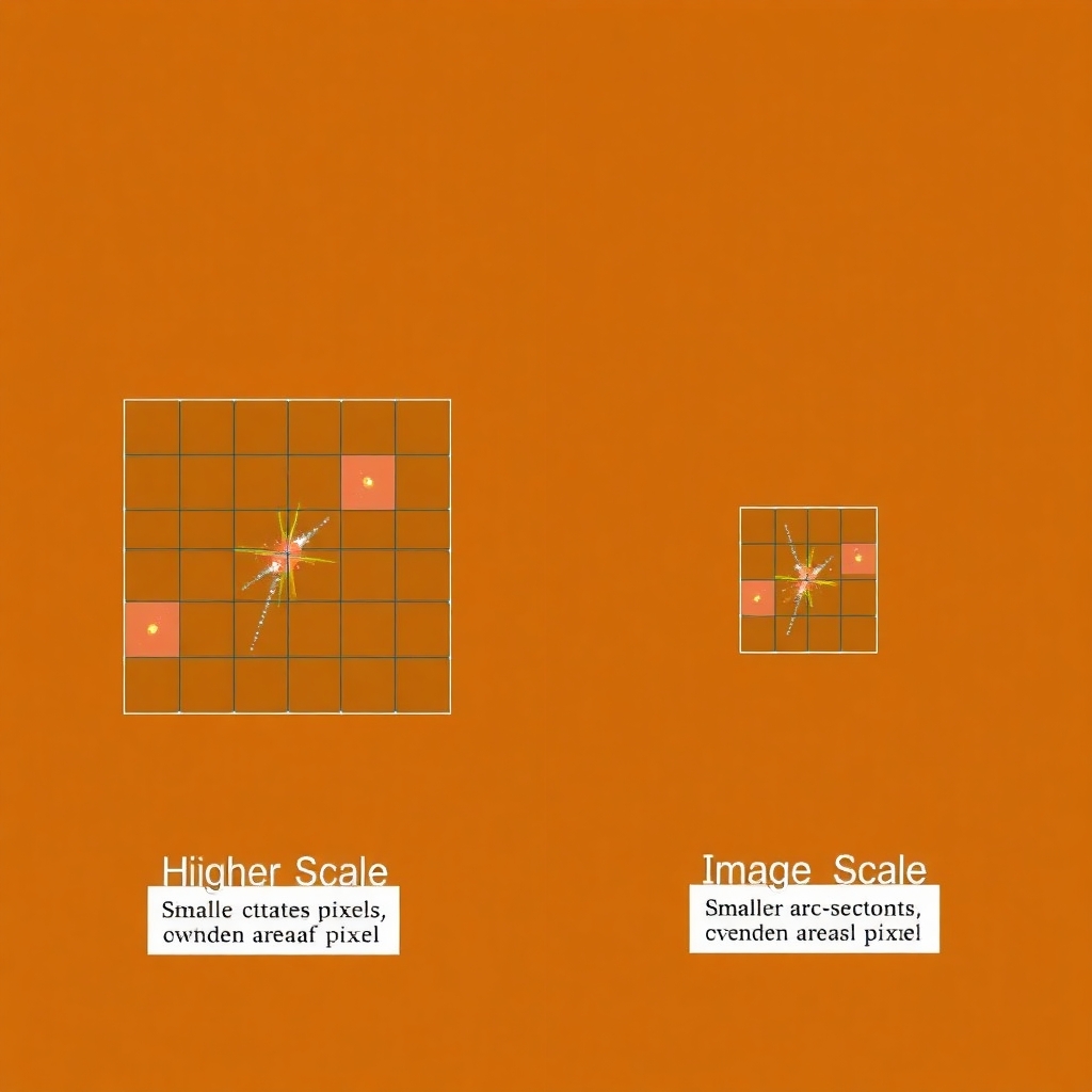 Create an image that that demonstrates image scale, resolution, and detail as a side-by-side images showing the effect of different image scales:  - **Image A (Higher Scale)**: Show a grid with larger squares (pixels) covering a wider area of the sky. Label it as having a **larger arc-seconds per pixel**.  - **Image B (Lower Scale)**: Show a grid with smaller squares (pixels) covering a smaller area of the sky. Label it as having a **smaller arc-seconds per pixel**.