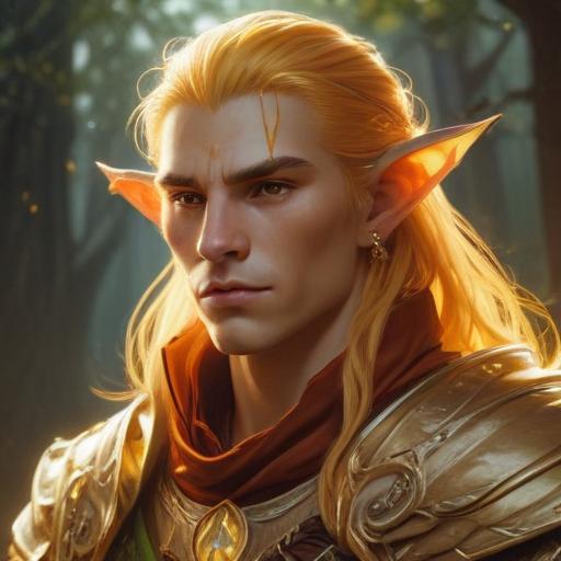 A fifth-edition dungeons and dragons characer who is a young male eladrin druid with golden luminous skin, a low strength.