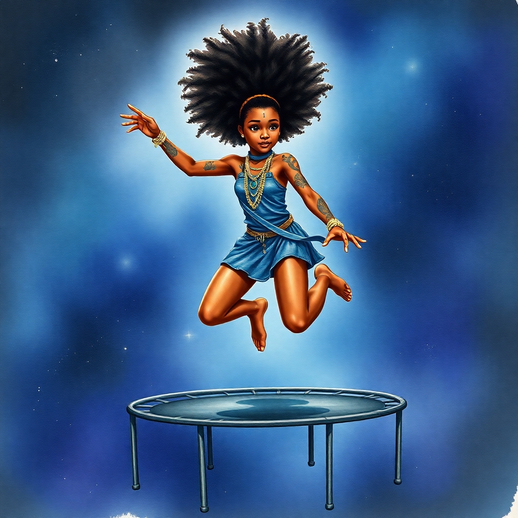 Create a girl.  Her skin tone is dark. Base her off of actress Nathalie Emmanuel.  She is jumping on a trampoline in outer space . This is a painted watercolour. She has a straightened light but high Afro. She has tribal tattoos and bone accessories  and jewelry.