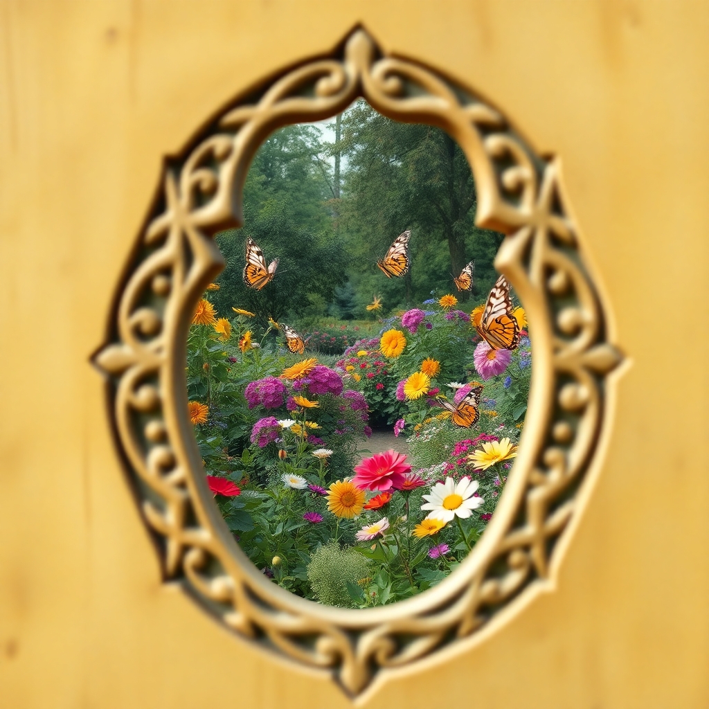 A mesmerizing photograph that seamlessly combines the mystique of a detailed keyhole outline with the vibrancy of a garden. The intricately designed keyhole frames a harmonious blend of colorful flowers and lush foliage, creating a captivating landscape within its confines. The garden comes alive with dancing butterflies, adding a touch of whimsy and movement to the serene scene. This enchanting fusion of geometric shapes and thriving nature ignites curiosity and wonder, inviting viewers to delve into the hidden mysteries hidden within the depths of this magical world. The photgraph, showcting beauty and allure of this captivating garden.