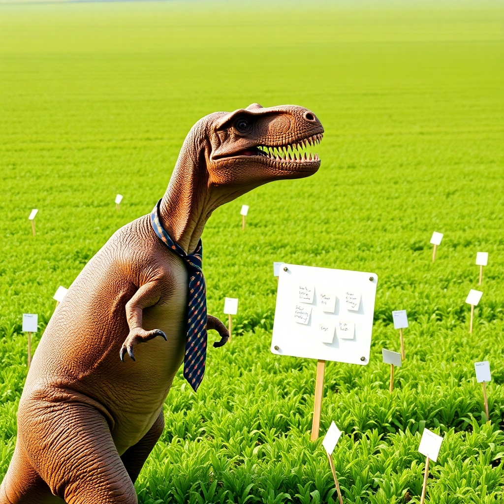 A T-Rex wearing a tie on the left of view. The T-Rex is looking across a large field of green. Randomly across the green fields are index cards on sticks sticking out of the ground, and one white board with several sticky notes on it.
