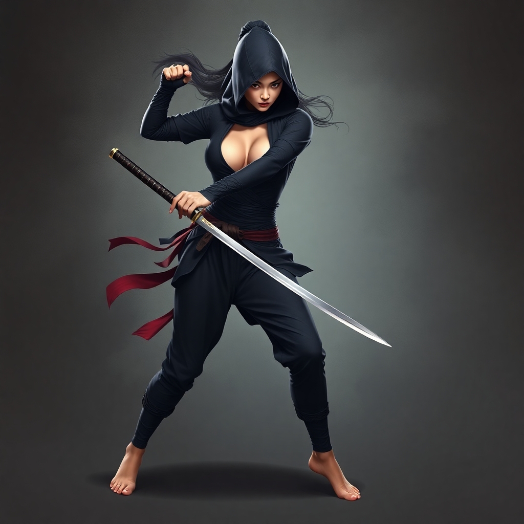 Create a full body female ninja in sword action. She is barefoot and her breasts are exposed artistically through her outfit