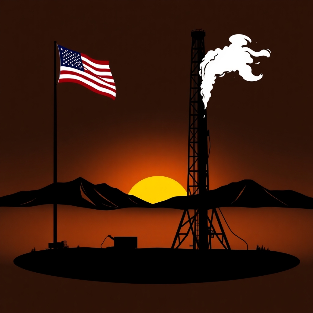 Create a black vector image of a Geothermal drilling Rig, in front of small mountains, with a sunset, on the left add an American Flag waving on a flag pole, Add a Plume of smoke on the right side of the Rig