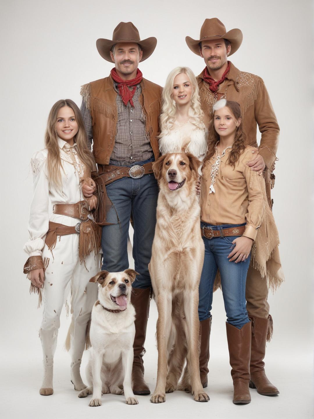 A high quality photo image of a family of four, Man, Woman, two kids, dressed as cowboys, with a dog by their side, on a pure white background