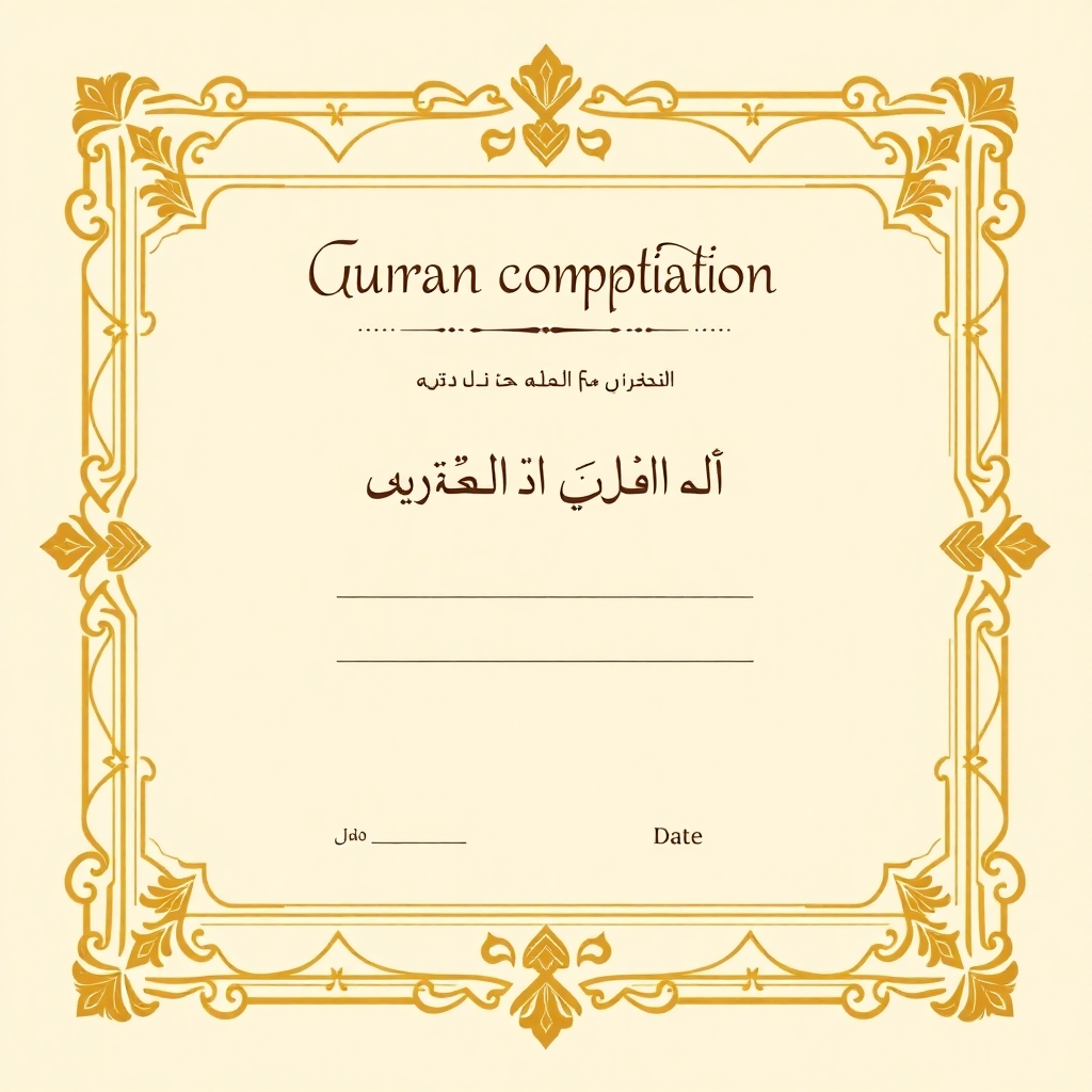 Elegant certificate of appreciation for Quran competition, vertical A4-style layout, Islamic geometric frame, golden and beige colors, clean Arabic style, space for name and date, no text inside