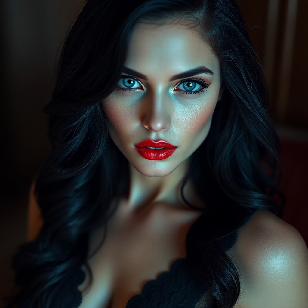 ultra realistic portrait of a beautiful seductive woman, long wavy black hair, piercing blue eyes, perfect skin, red lips, wearing elegant black lingerie, cinematic lighting, 4k, NSFW, looking into camera
