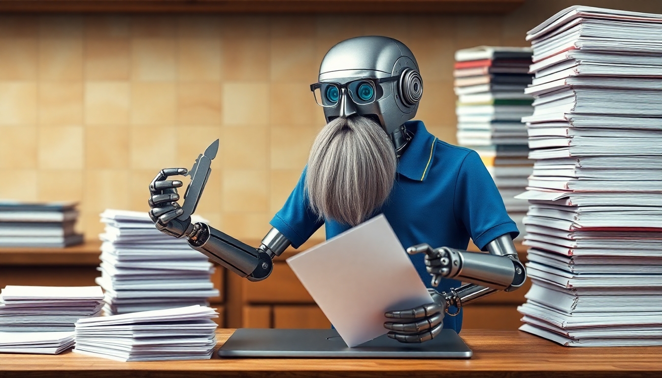 A metal robot with a very thin, partly grey beard and eyeglasses, wearing a blue polo shirt, stands facing forward at a cook's chopping table. On the robot's right is a taller pile of bound notebooks, and on the left is a smaller, neatly stacked pile of paper. The robot holds a multi-function tool, similar to a Swiss Army knife or Leatherman multi-tool, in its left hand and a binder from the notebook pile in its right hand. The robot's hands are blurred, indicating rapid movement as it swiftly reduces the binders into simple paper.