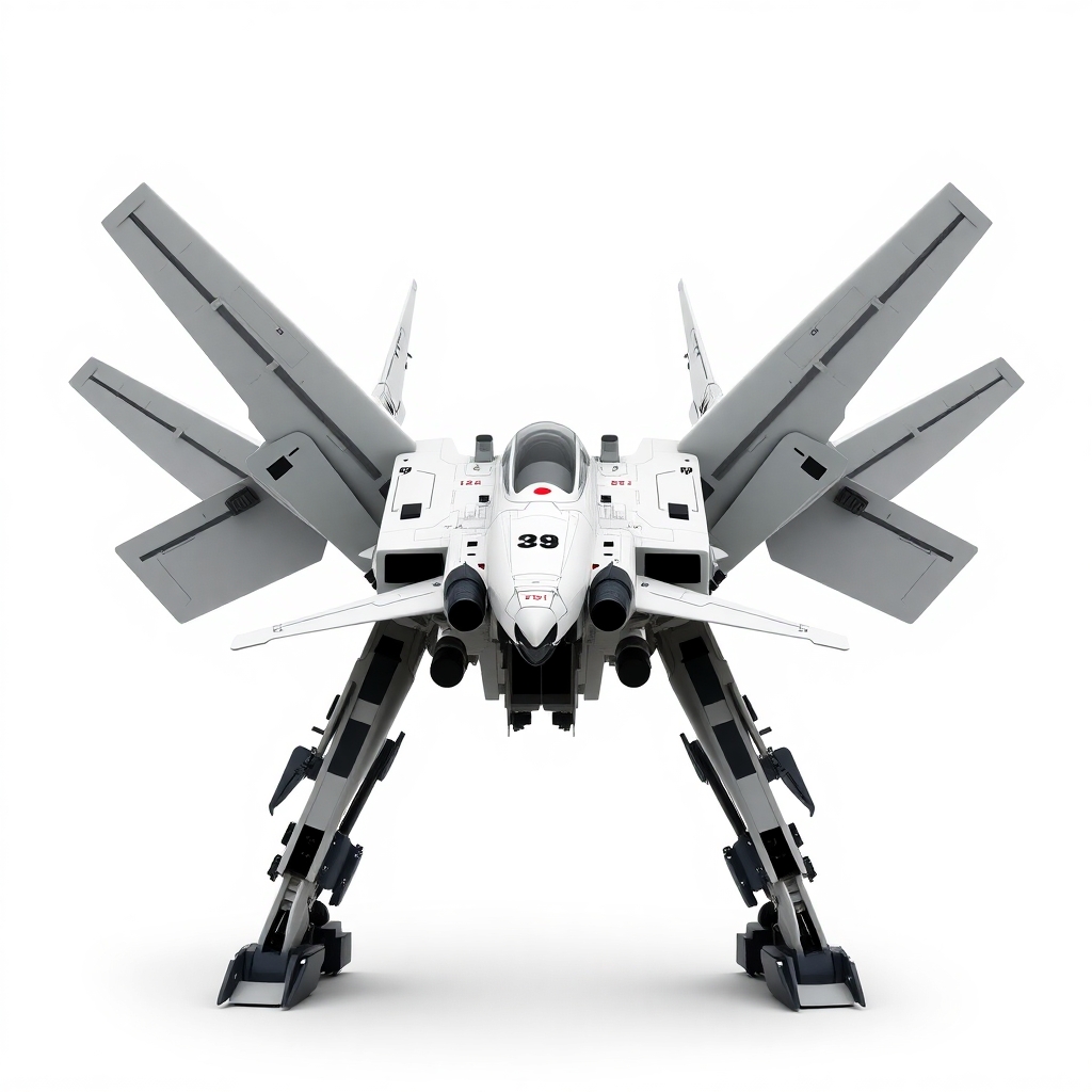 Chinese, Chengdu J-20 style, symmetrical, Macross Valkyrie, Gerwalk Mode, with arms & GU-11 Gun Pod,on a white background