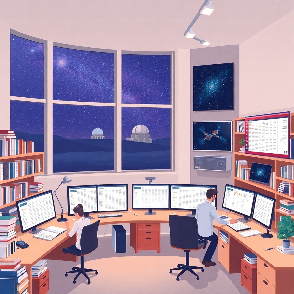 A detailed modern flat vector illustration in clean editorial illustration style showing a full scene inside a contemporary astronomical research workspace where star catalogs and sky databases are actively explored. The environment is a spacious interior with visible walls, floor, desks, shelves filled with astronomy books, and large computer monitors displaying tables of celestial data, sky maps, and catalog entries for stars, galaxies, nebulae, comets, and exoplanets. The room is softly lit, with a window revealing a nighttime sky and a distant observatory dome, symbolizing the link between observations and data.  Researchers sit or stand at their desks, comparing datasets, scrolling through structured tables with columns and fields, and examining high‑resolution sky images. One large screen shows a stylized “cosmic phonebook” metaphor: rows of star entries with coordinates, brightness values, and spectral types. Another screen displays a sky survey image with highlighted objects, illustrating how catalogs connect raw observations to discoveries. Include subtle visual storytelling such as magnifying‑glass icons on screens, layered data windows, and a step‑by‑step workflow diagram pinned to a wall, hinting at the process of navigating catalogs and avoiding common pitfalls.  The environment should feel organized, analytical, and immersive: wooden or neutral flooring, softly colored walls, ergonomic chairs, scattered notes, coffee mugs, and warm ambient lighting from monitors. The scene must clearly communicate how astronomical catalogs and databases function as essential tools for both amateur and professional sky investigators.  Style: modern flat vector illustration, smooth shapes, soft gradients, slight depth, clean editorial design. Color palette: deep blues, muted purples, soft teals, warm neutrals, and gentle screen‑glow accents.  CRITICAL: full scene composition with a complete environment. The background must be part of the scene with clearly visible environment elements such as walls and floor or natural surroundings. The image must be fully filled edge‑to‑edge. Absolutely no white background anywhere in the image. No blank or empty areas. No isolated objects. No floating composition. No transparent background. The background is not a studio backdrop, it is a real environment.