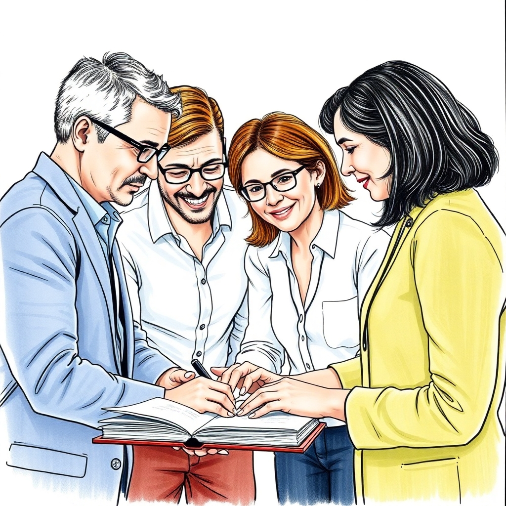A drawing of a multigenerational and multicultural group of adult professionals collaborating at a business for a book cover