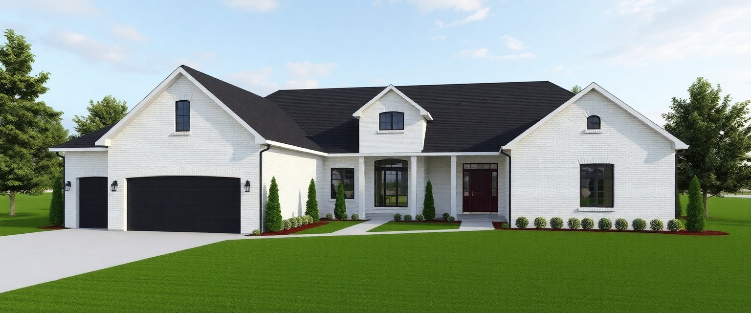 5500 square house, white brick, based in st george utah, black roof, 4 car garge split up with 2, 2 car garages, one of garages in front of house, the other set on the side of the house, two stories