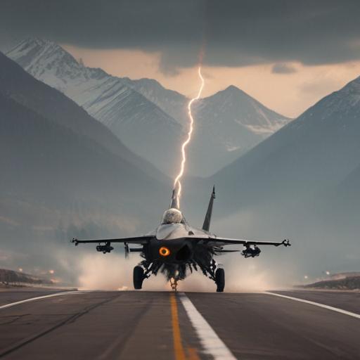 F16 flying near the mountains with an eagle flying alongside it, a blaze trail on a runway beneath the jet