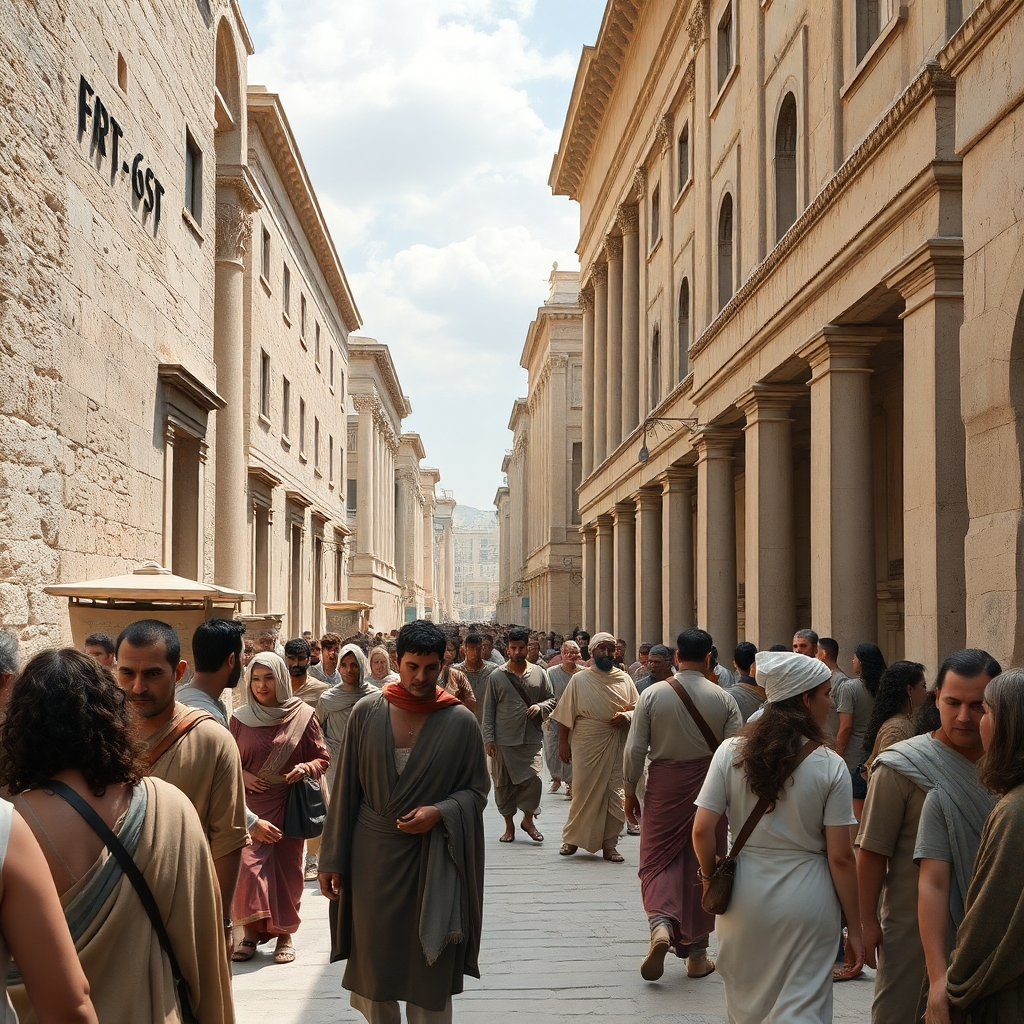 a photorealistic picture of inside the busy streets of ancient Greece city during the time when Aristotle lived with people in period clothing