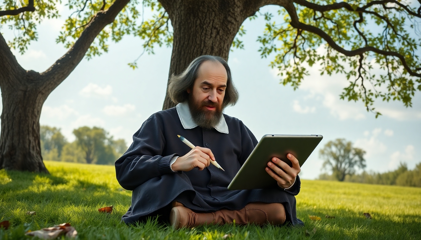 William Shakespeare sitting under a tree, humorously writing on an iPad with a quill pen, illustrating the folly of long emails, in a 16:9 ratio, commercial style, bright and engaging colors, whimsical and lighthearted atmosphere