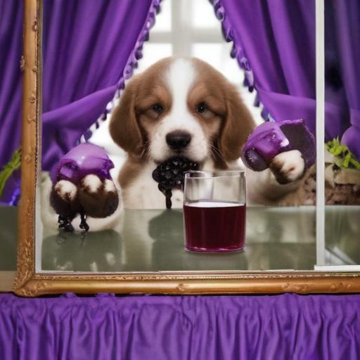 Puppy drinking grape juice, the band Creed, purple, grass curtain, vagina, mirror