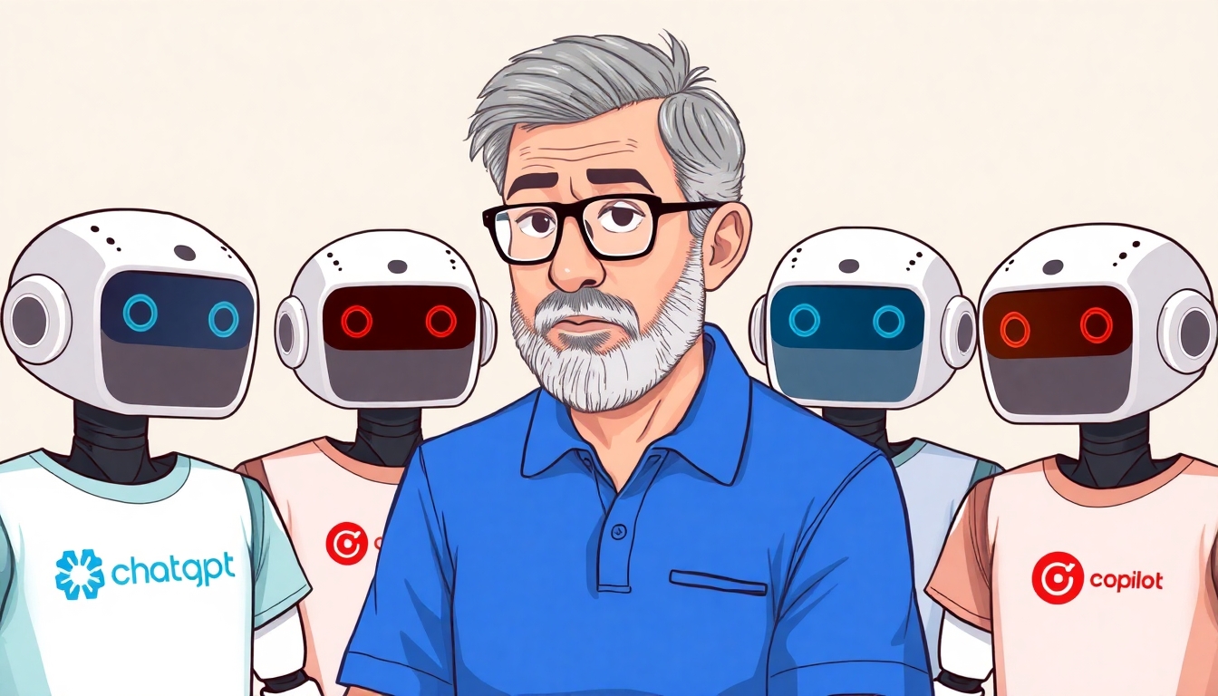 A man is wearing a blue polo shirt with slightly gray hair, a short beard, and glasses is scolding a group of robots. Each robot is wearing a t-shirt. They each have a different logo on the their shirt. The logo is one of the following: ChatGPT, Copilot, or Perplexity.ai