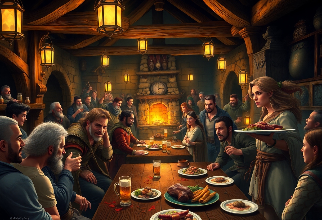 Bustling fantasy tavern interior, richly detailed, crowded with expressive male and female humans, elves, and gnomes in varied fantasy garments, warm lighting from lanterns and hearth, intricate wooden beams and stone walls, dice games, dark recesses, laughing patrons, spilled ale, full plates of food, to one side a confident serving girl carrying a plate of meat in one hand pushes a man aside with her other hand, dynamic composition, emotional body language, layered depth. Style: cinematic, hyper-real lighting with soft textures and glowing highlights