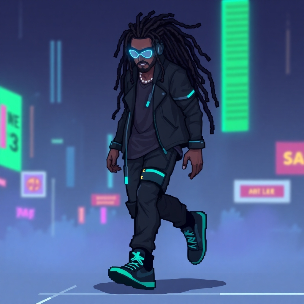 Generate a pixel tileset of a 2d cyberpunk male with dreadlocks. TIleset should include a walking, running, jumping, and standing animation.