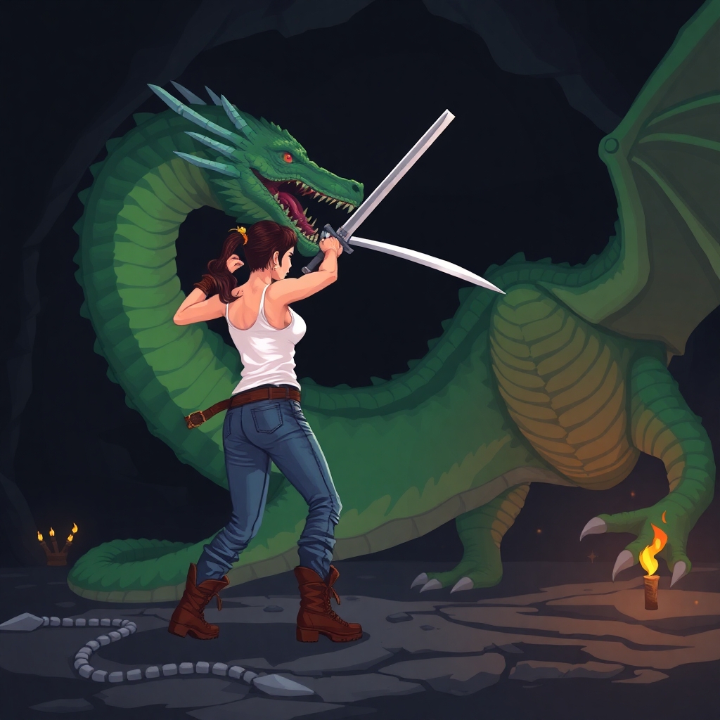 A woman wearing a white tank top and jeans with hiking boots holding a sword. Ready to swing her sword. In a fighting stance. Facing a large green dragon. She's fighting a large green dragon that looms over her, rearing it's head back ready to strike. The dragon is leaning forward, all four of it's claws on the ground, it's tail trails of in the darkness. Setting is a dark cave lit with torches