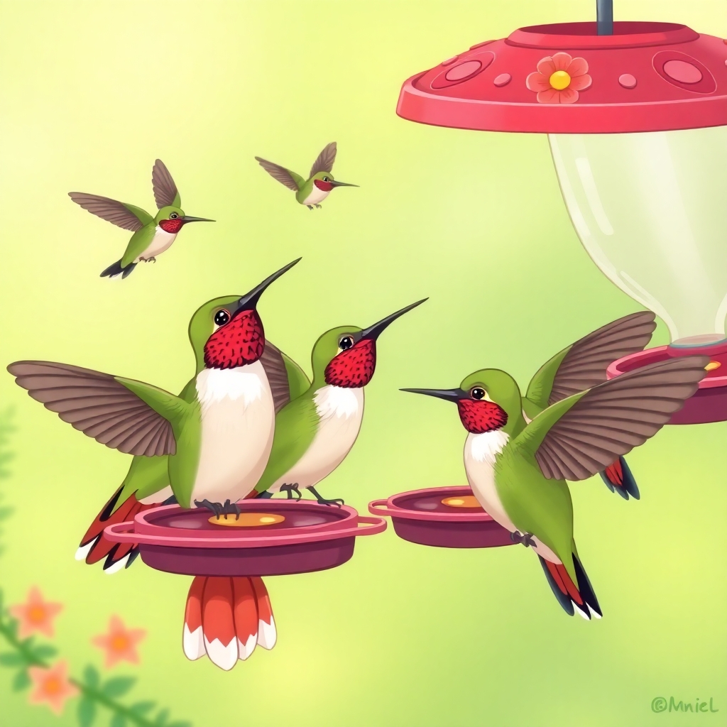a cartoon drawing of a group of very happy beautiful hummingbirds enjoying nectar from several feedershummingbird.