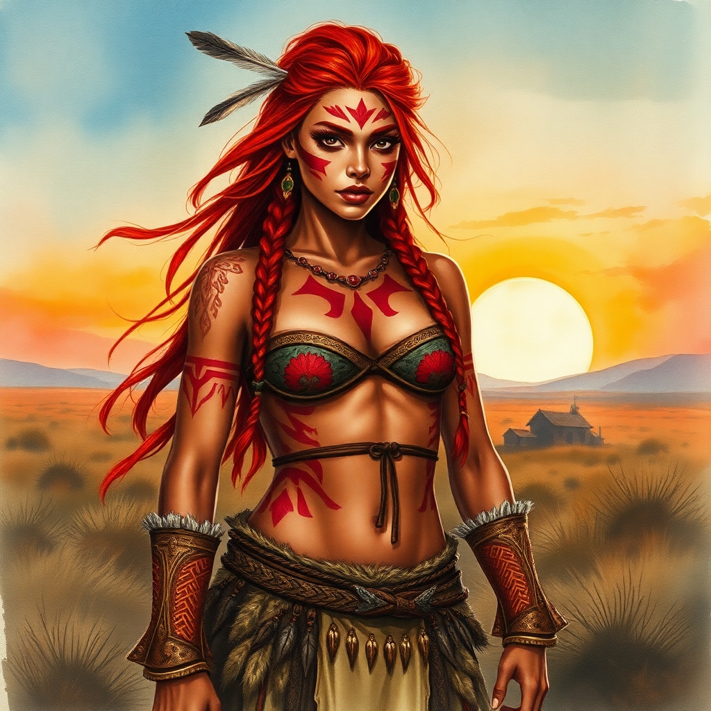 A watercolor painting of a strong, red-haired tribal warrior woman standing confidently in a windswept, post-apocalyptic landscape. She has long braided hair with a feathered accent, vibrant red warpaint across her face and body, and wears intricately patterned tribal armor and furs inspired by nature. Her pose is heroic and proud, with a glowing sunset in the background casting warm hues. The style is soft, atmospheric watercolor with fine detail on her facial expression and body paint.  She has dark skin like a half black girl. Her microbikini is so small and tiny and tight it looks pained on and blends in with her warpaint