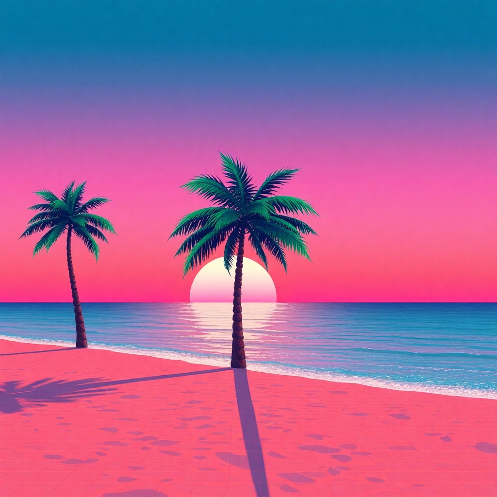 Retro vaporwave beach, crystal-clear water, palm trees made of glass, pixelated 80s sunset with pink and orange hues, grid pattern on sand, nostalgic synthwave vibe