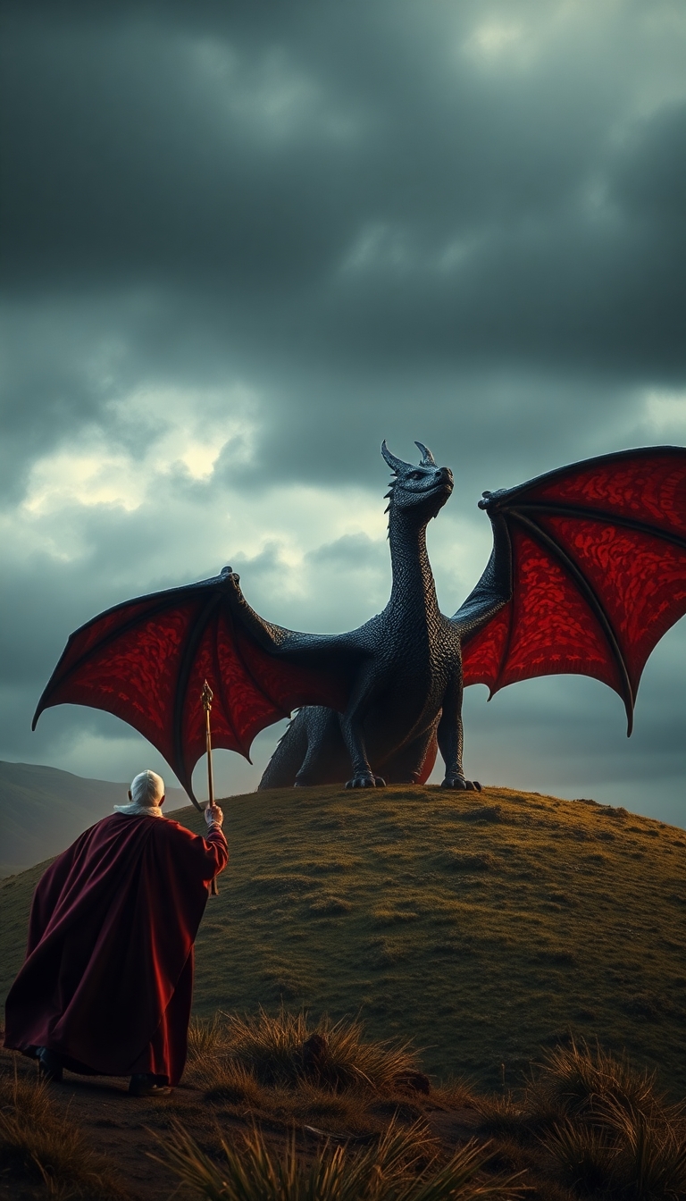 A photo realistic picture of a dragon on an English hill being banished by a protestant Bishop.