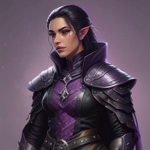 A 5E dnd character who is a half-elf cleric and warlock sworn to the mother of shadows. She wears chainmail, is slightly androgynous, has shoet black hair with purple streaks, and has a shadowy raven familiar.