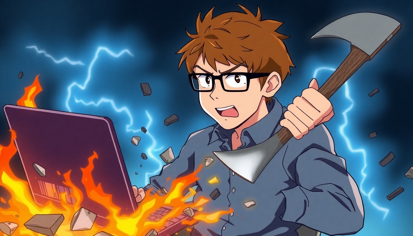 A software developer with short brown hair and glasses smashing his laptop with an axe in his hands. the laptop is broken into pieces and burning.