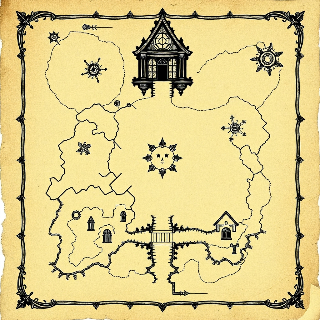 An ancient a weathered map of a gothic estate from the Metzinger family. The map should include secret doors, traps and secrets. The map should appear old, faded and hand drawn in a comic gothic style as if pages of an old journal. The map should be like that of a floor plan of the first floor of the mansion of estate.