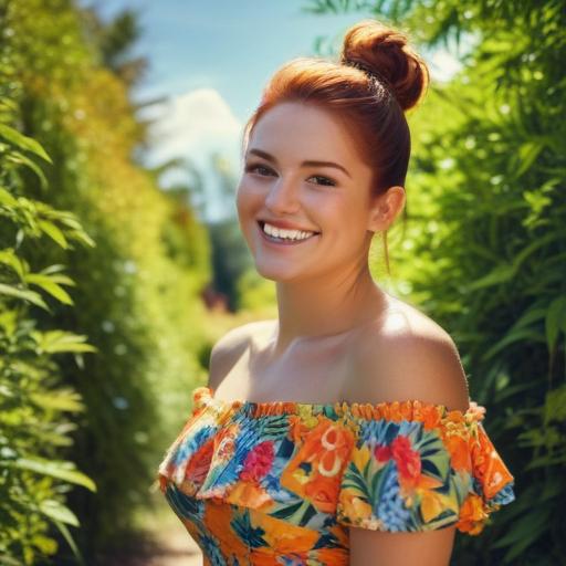 photograph of a woman, auburn hair in a bun, happily smiling at the viewer, wearing a colorful off the shoulder dress, surrounded by foliage on a bright sunny day . High dynamic range, vivid, rich details, clear shadows and highlights, realistic, intense, enhanced contrast, extremely intricate details