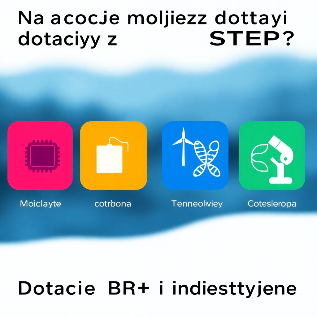 Tytuł na górze: „Na co możesz dostać dotację z Inicjatywy STEP?” Pod spodem trzy sekcje z ikonami: 1️⃣ Technologie cyfrowe – ikona chipu lub AI 2️⃣ Zielone technologie – ikona turbiny wiatrowej lub liścia 3️⃣ Biotechnologie – ikona DNA lub mikroskopu  Na dole pasek z tekstem: „Dotacje B+R i inwestycyjne."