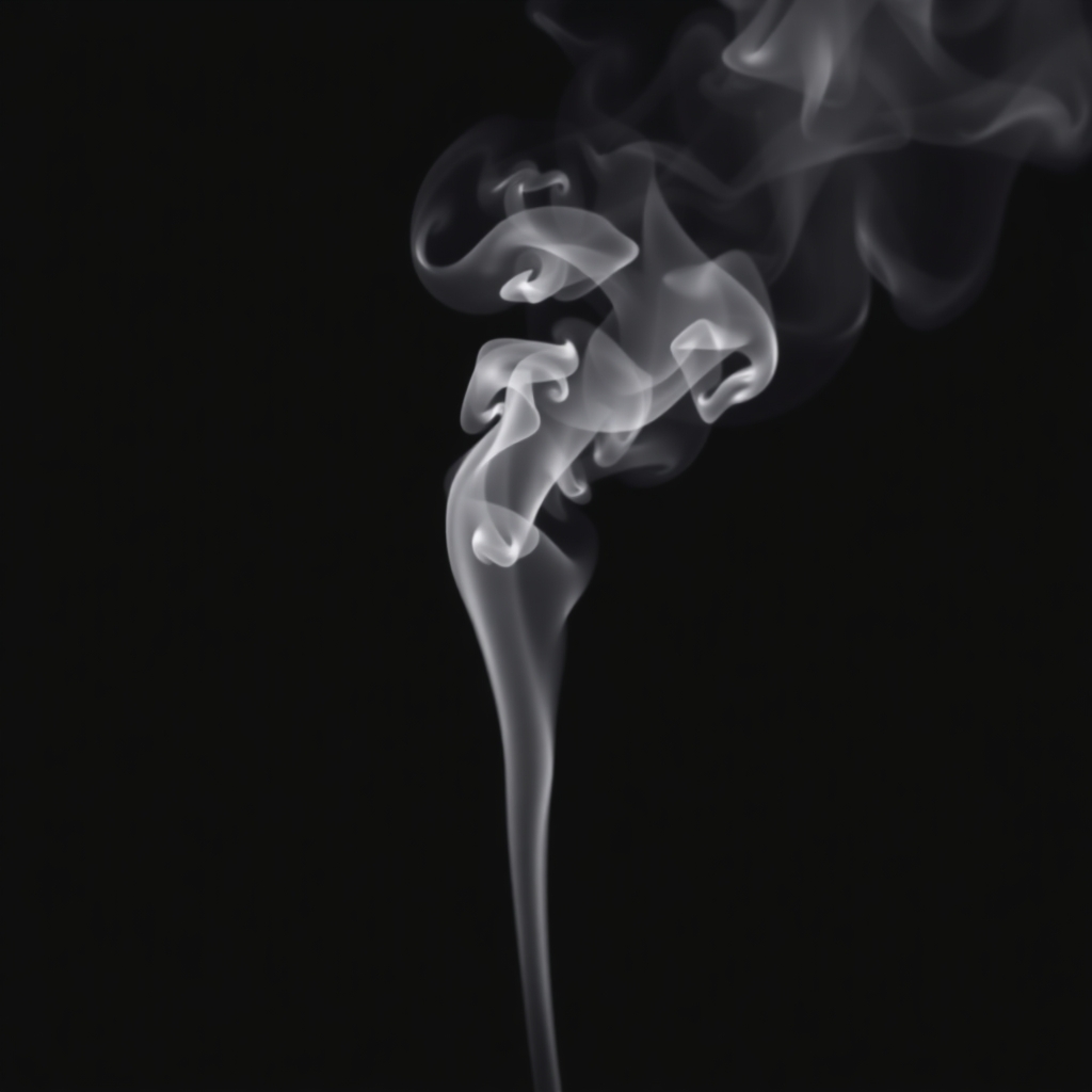 Photo realistic single plume of smoke rising from the bottom of the image on a black background