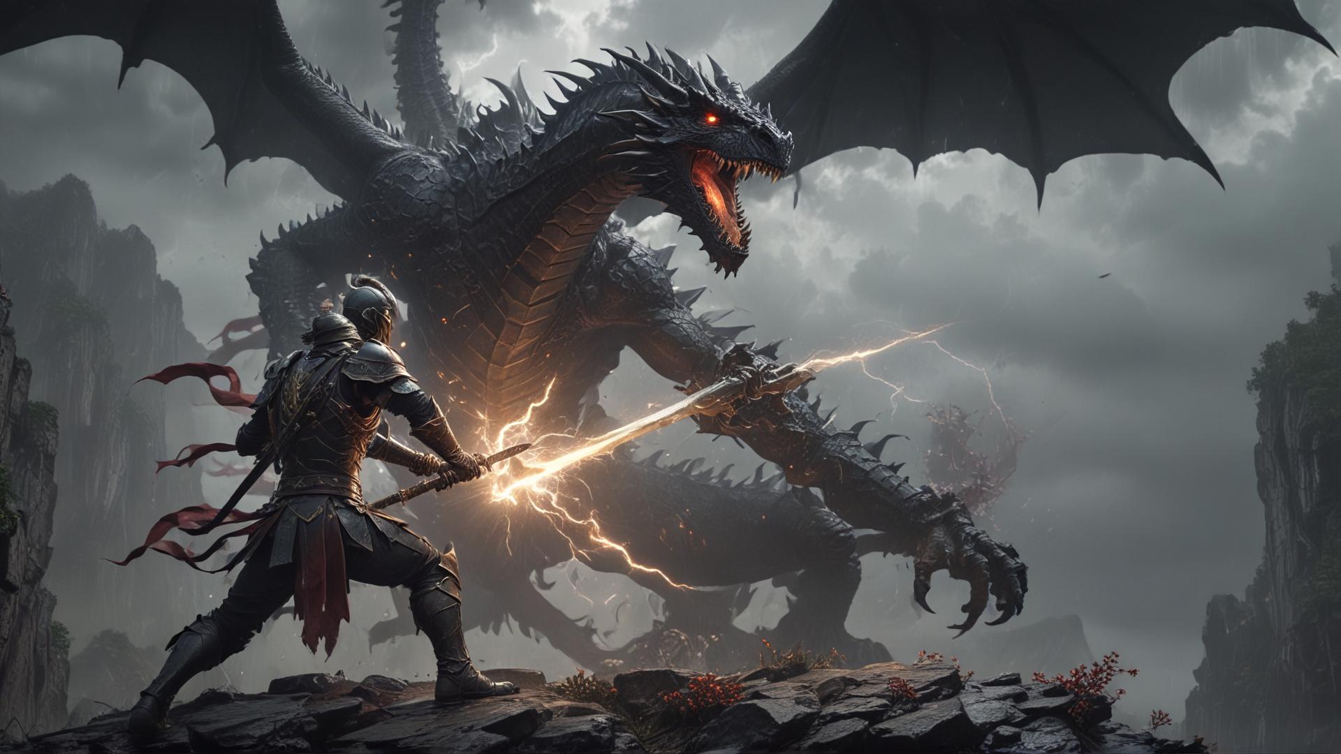 Can you create an image a full plate paladin fighting a black dragon in a Cliff, a rainy sky with Powerful lightning bolts in the image behind him up in the sky while he is attacking the dragón with a holly long sword, te dragon is trying to prevent him from passing