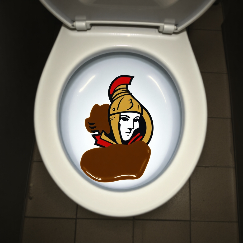 Toilet with Ottawa Senators logo in the bowl with brown shit on the logo