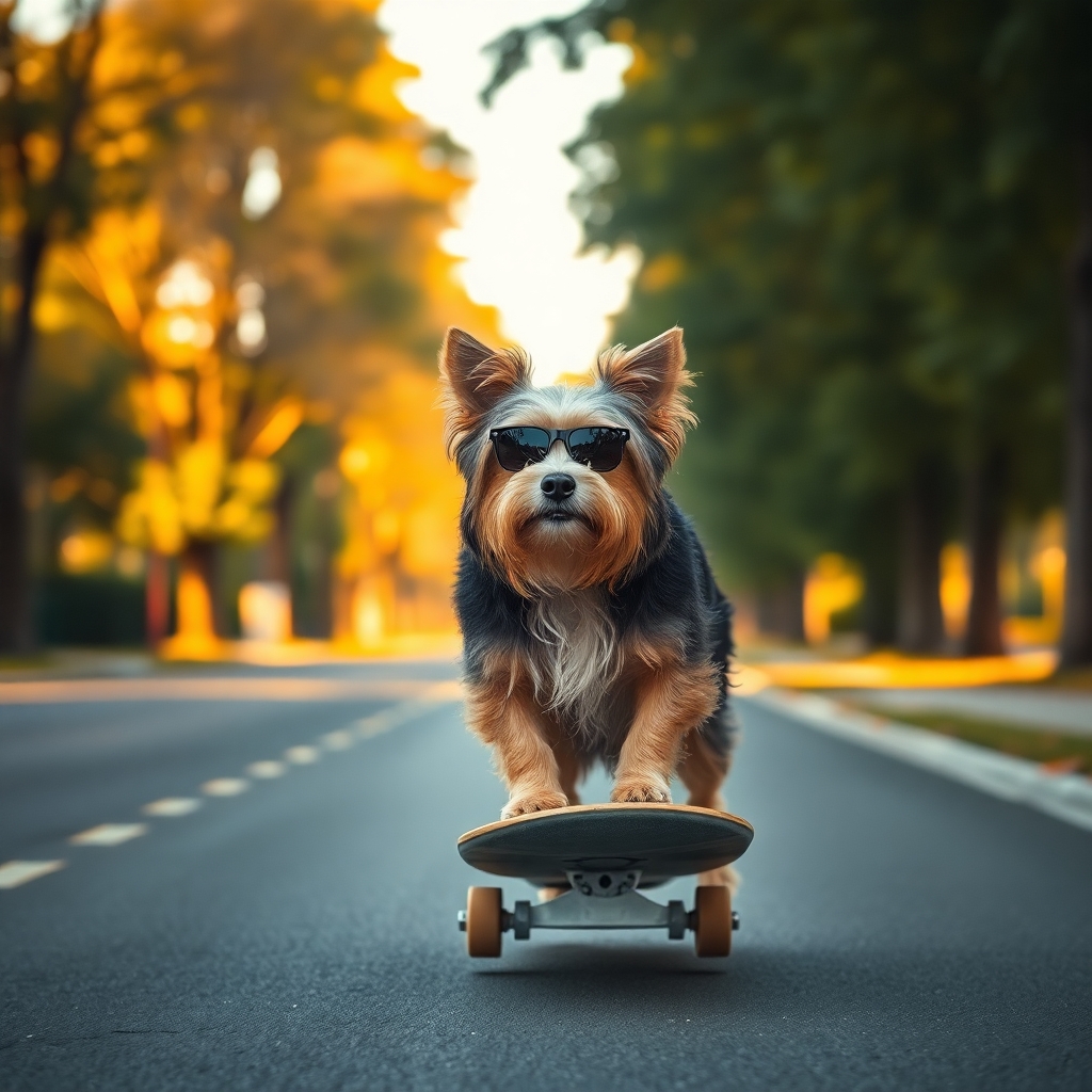 a havanese dog riding a skateboard on a long street with trees left and right of the road. wearing sunglasses