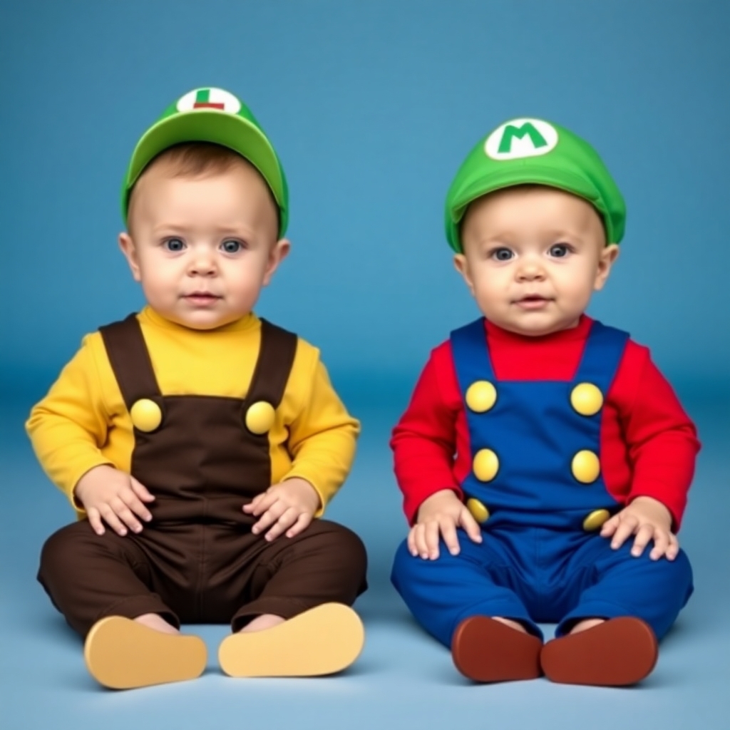 Fraternal twin boys 5 months old in Mario and Luigi costumes
