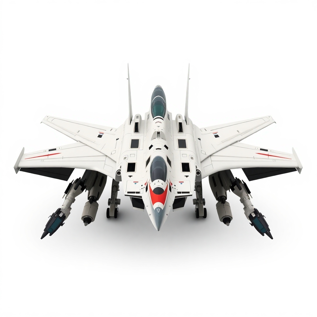 Chinese, Chengdu J-20 style, symmetrical, Macross Valkyrie, Gerwalk Mode, with arms & GU-11 Gun Pod,on a white background