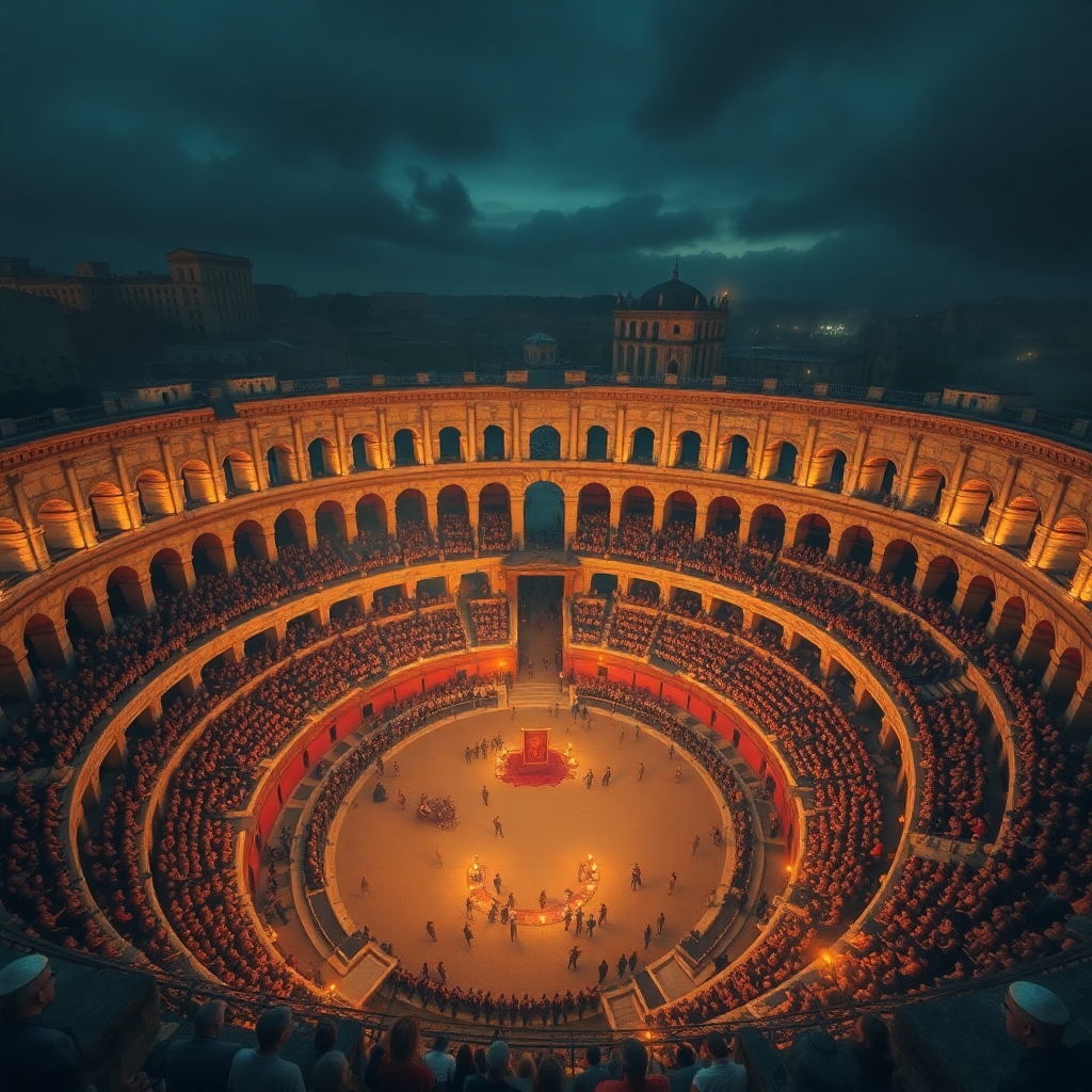 Ancient amphitheatre filled with warriors, torches, high walls, view from above, surrounded by Rome, high detail